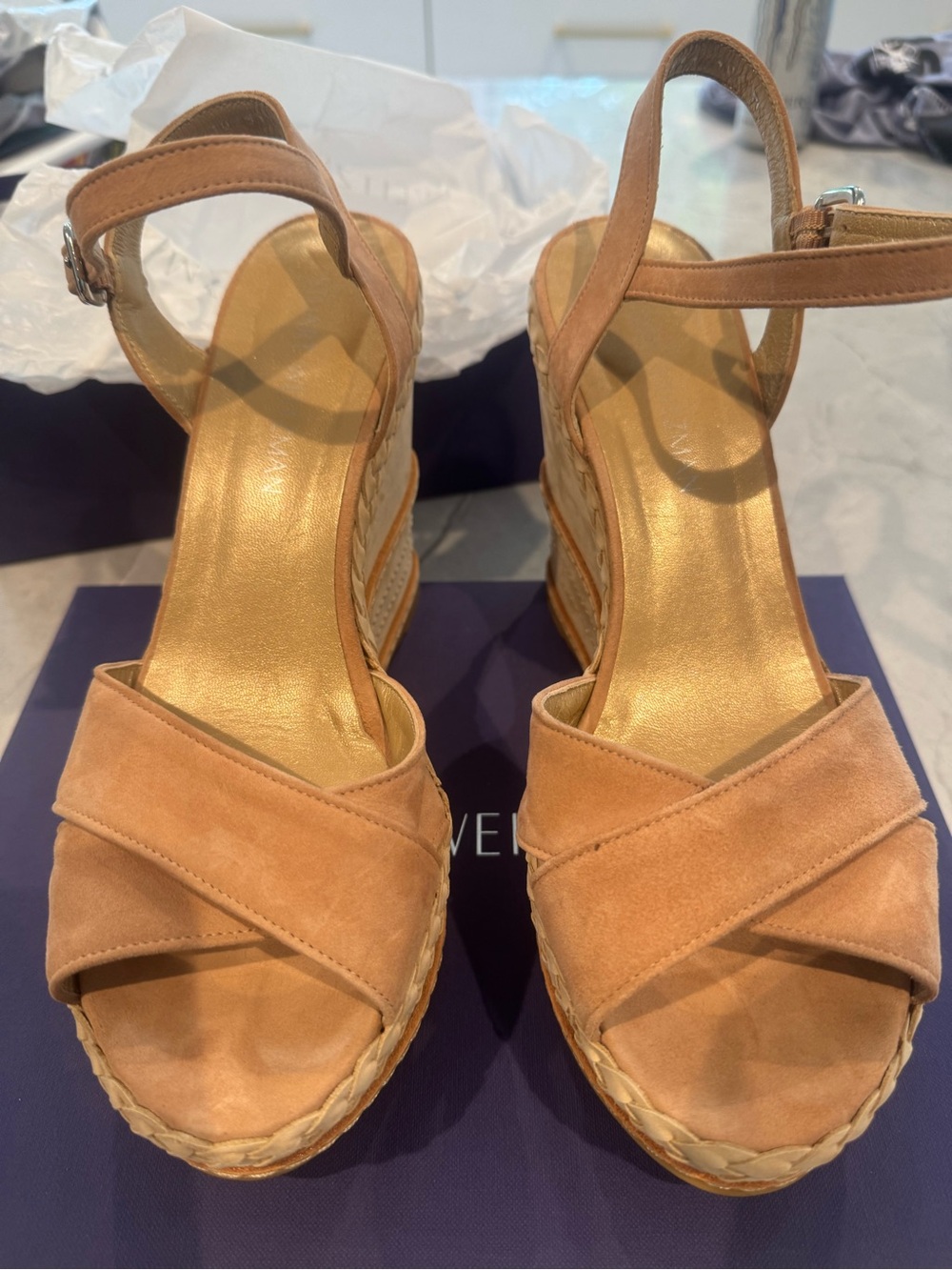 Stuart Weitzman Naked Suede Espadrille Wedge Sandals Size 10